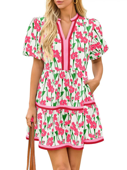 Women's V Neck Floral Dress Short Puff Sleeve Boho Dresses