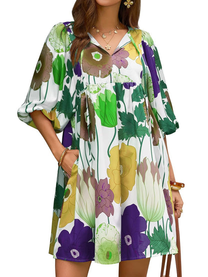 Women's Colorful Floral Half Sleeve Babydoll Dress