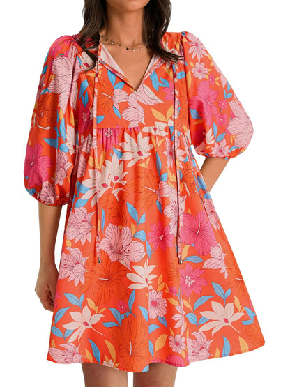 Women's Colorful Floral Half Sleeve Babydoll Dress
