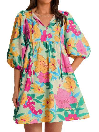 Women's Colorful Floral Half Sleeve Babydoll Dress