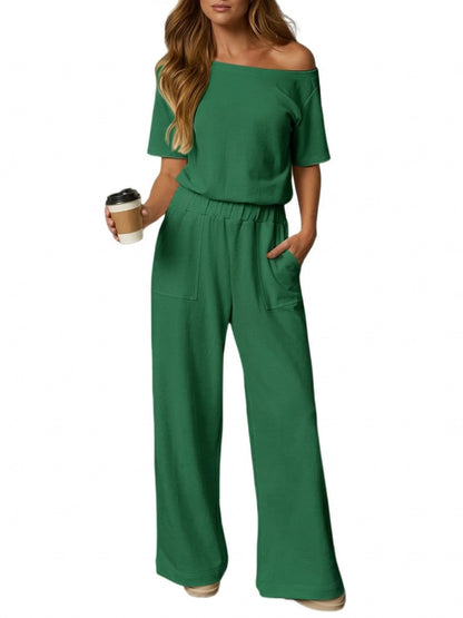 Women's Off Shoulder Cutout Back Wide Leg Jumpsuit
