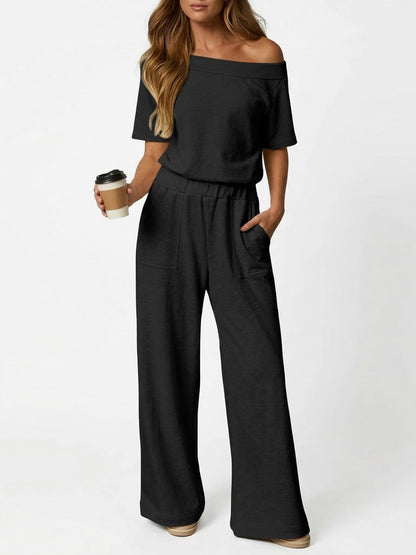 Women's Off Shoulder Cutout Back Wide Leg Jumpsuit