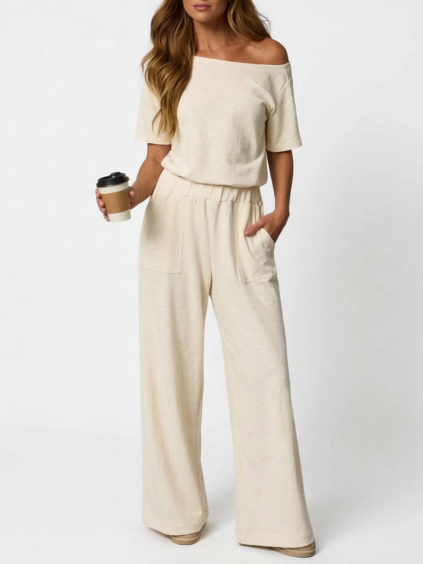 Women's Off Shoulder Cutout Back Wide Leg Jumpsuit