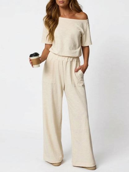 Women's Off Shoulder Cutout Back Wide Leg Jumpsuit