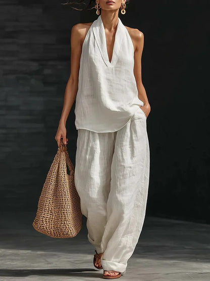 Women's Deep V‑Neck Halter Top & Wide Leg Pants Set