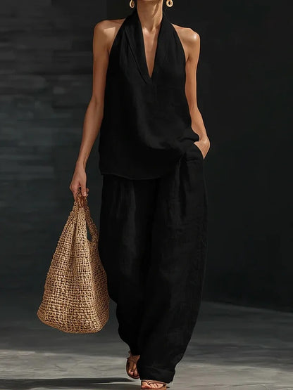 Women's Deep V‑Neck Halter Top & Wide Leg Pants Set