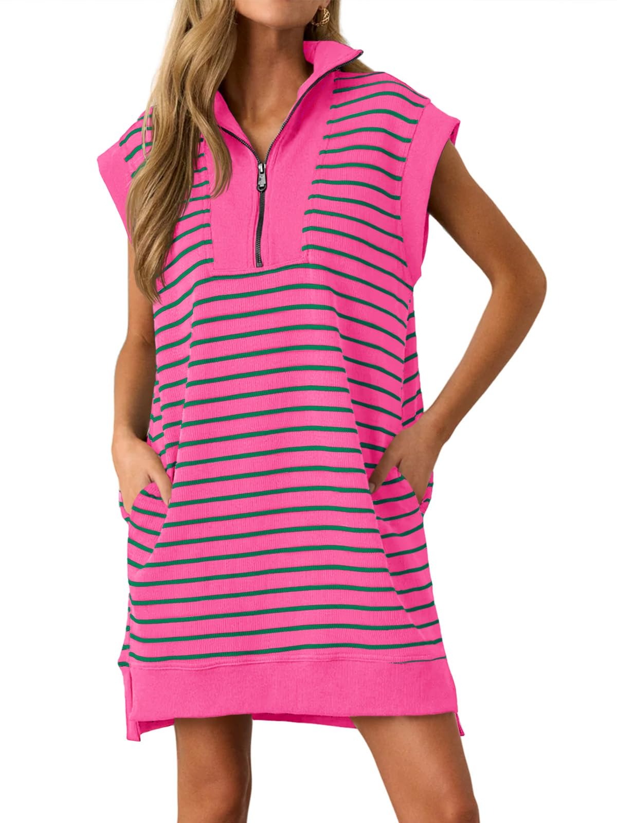 Women's Striped Knit Cap Sleeve Half-Zip Dress