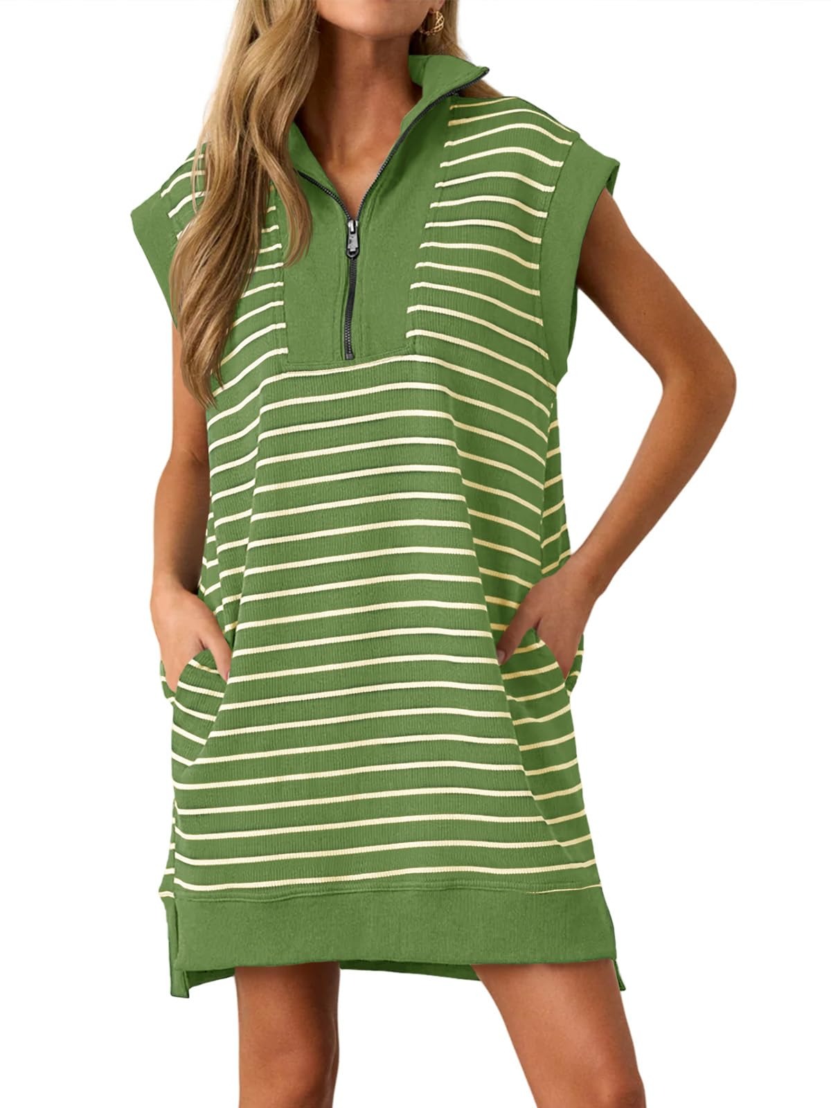 Women's Striped Knit Cap Sleeve Half-Zip Dress