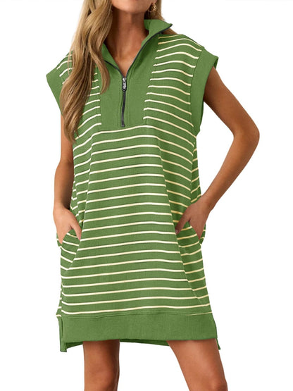 Women's Striped Knit Cap Sleeve Half-Zip Dress
