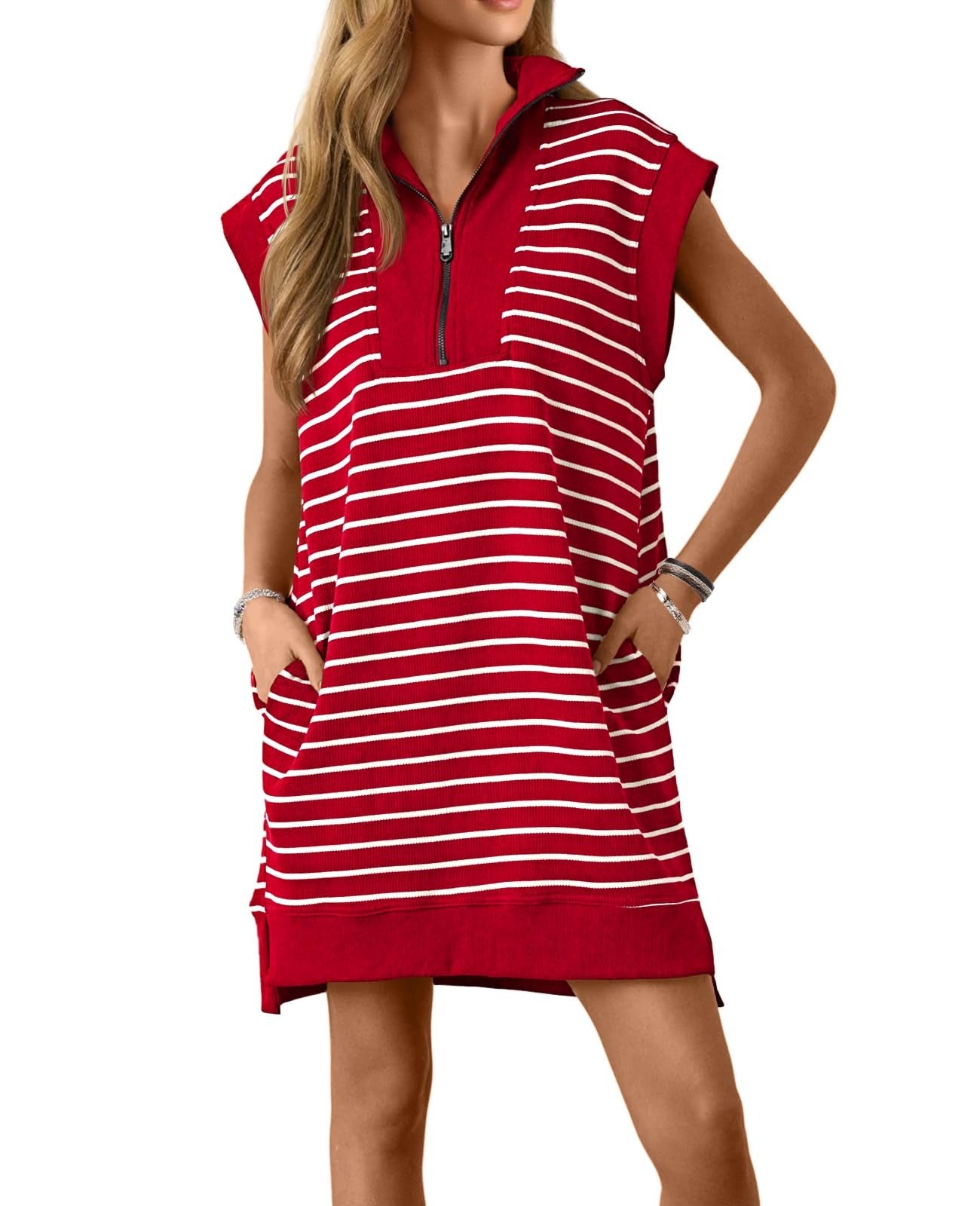 Women's Striped Knit Cap Sleeve Half-Zip Dress