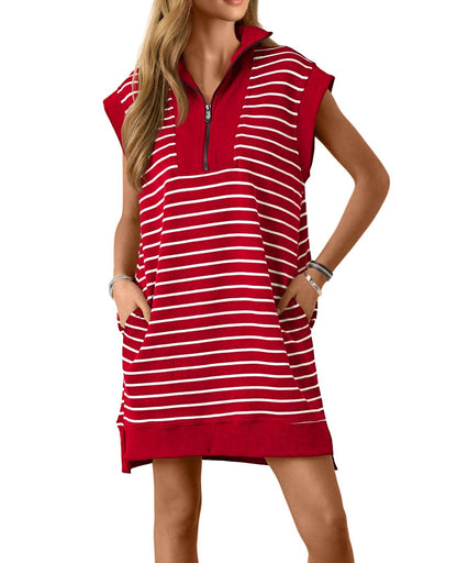 Women's Striped Knit Cap Sleeve Half-Zip Dress