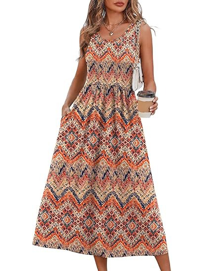 Women's Flowy Casual Midi Dress with Pockets