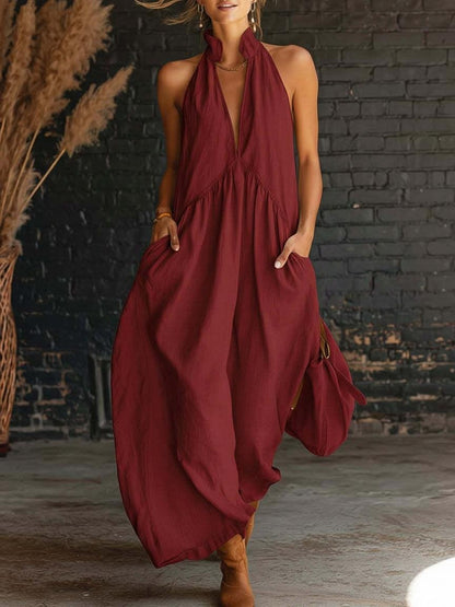 Women's Halter Neck Deep V Maxi Dress with Pockets