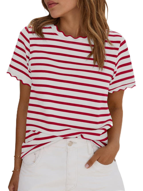 Women's Scalloped Crew Neck Striped T-Shirt