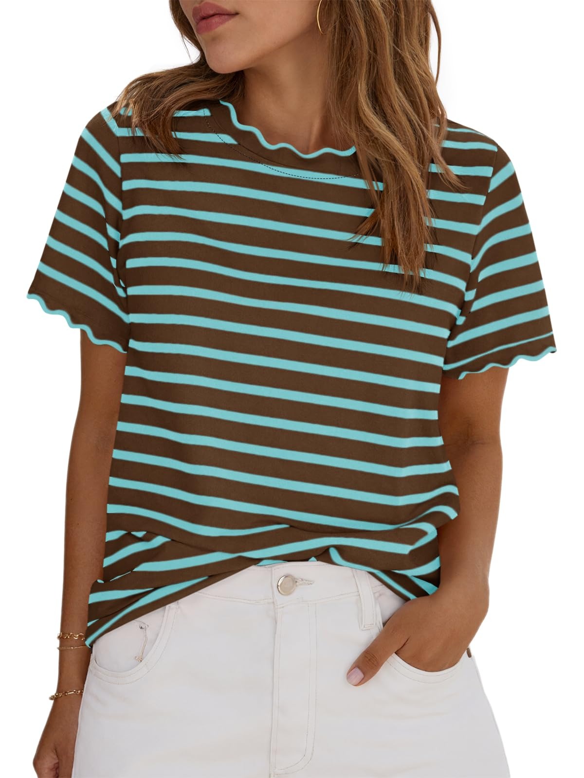 Women's Scalloped Crew Neck Striped T-Shirt