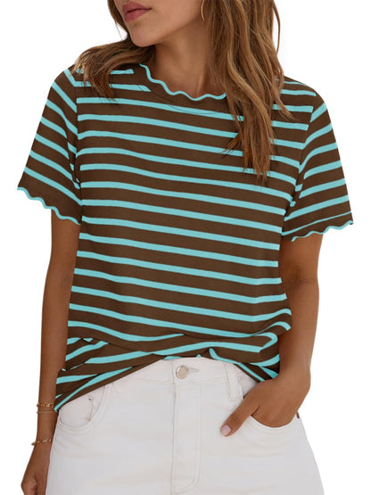 Women's Scalloped Crew Neck Striped T-Shirt