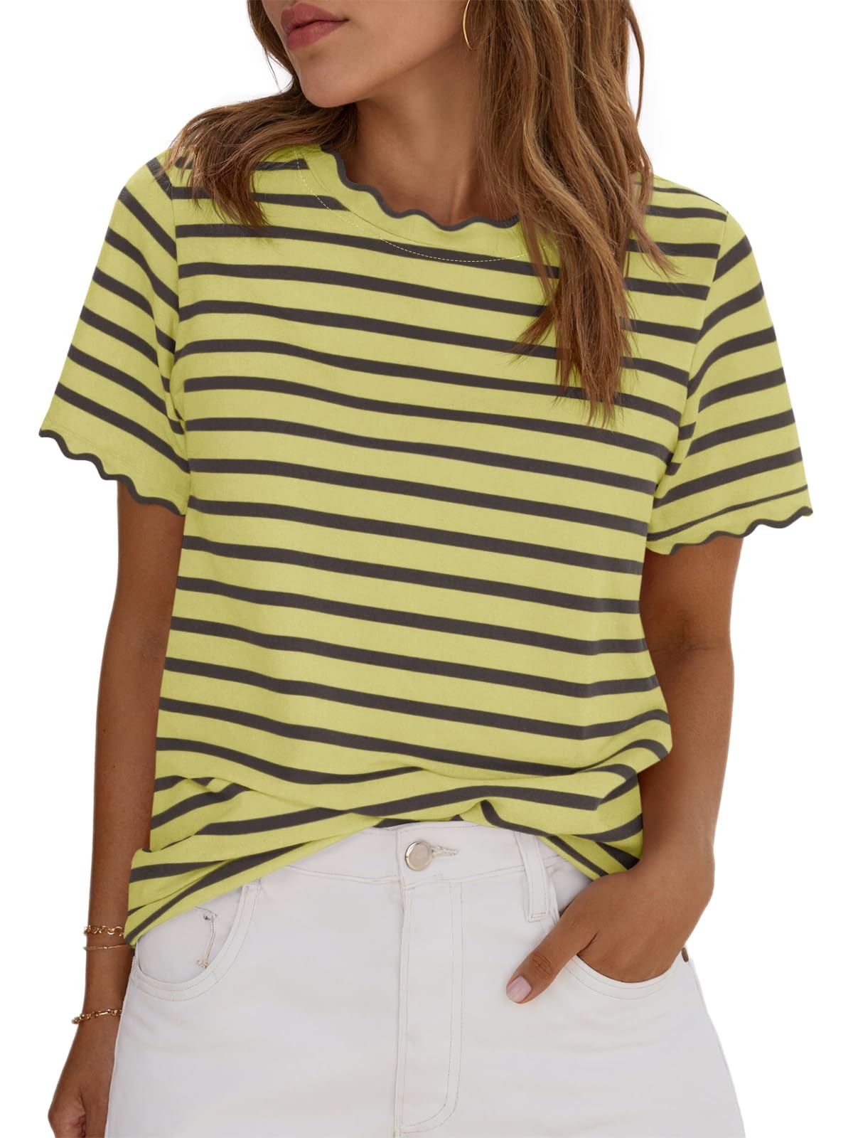 Women's Scalloped Crew Neck Striped T-Shirt