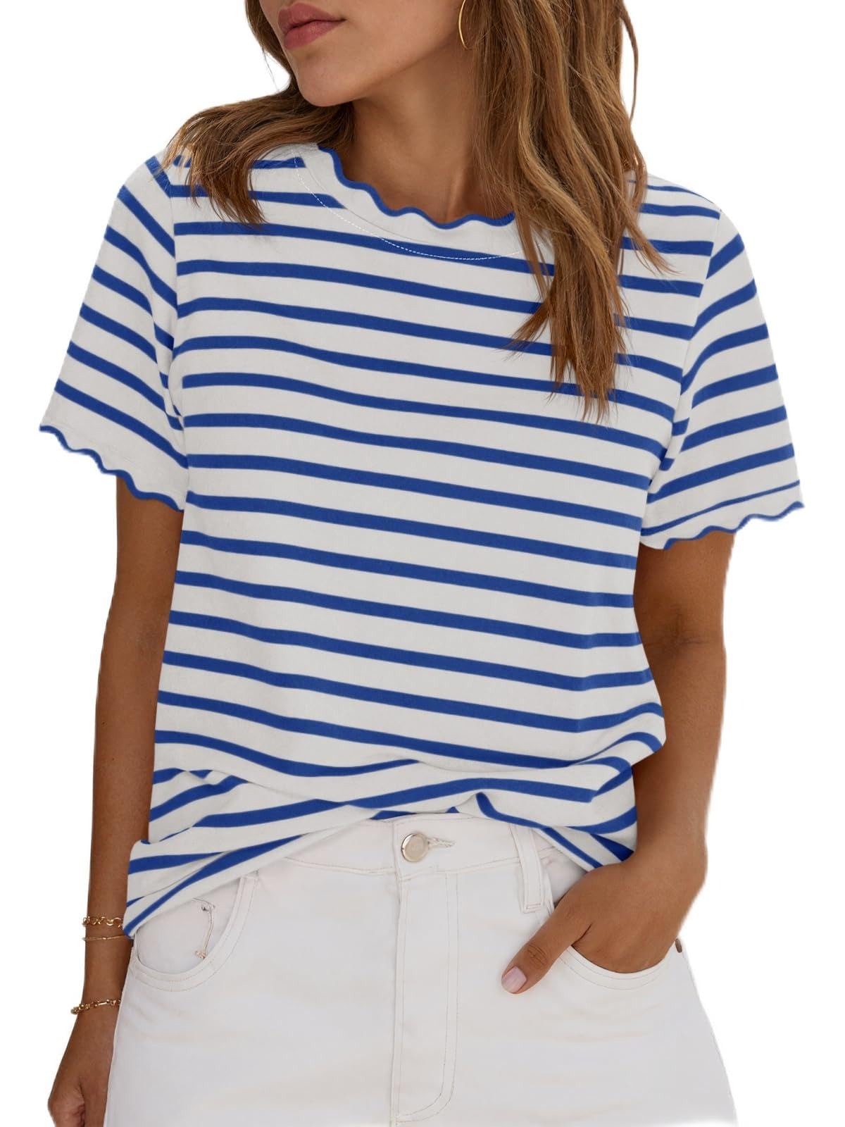 Women's Scalloped Crew Neck Striped T-Shirt