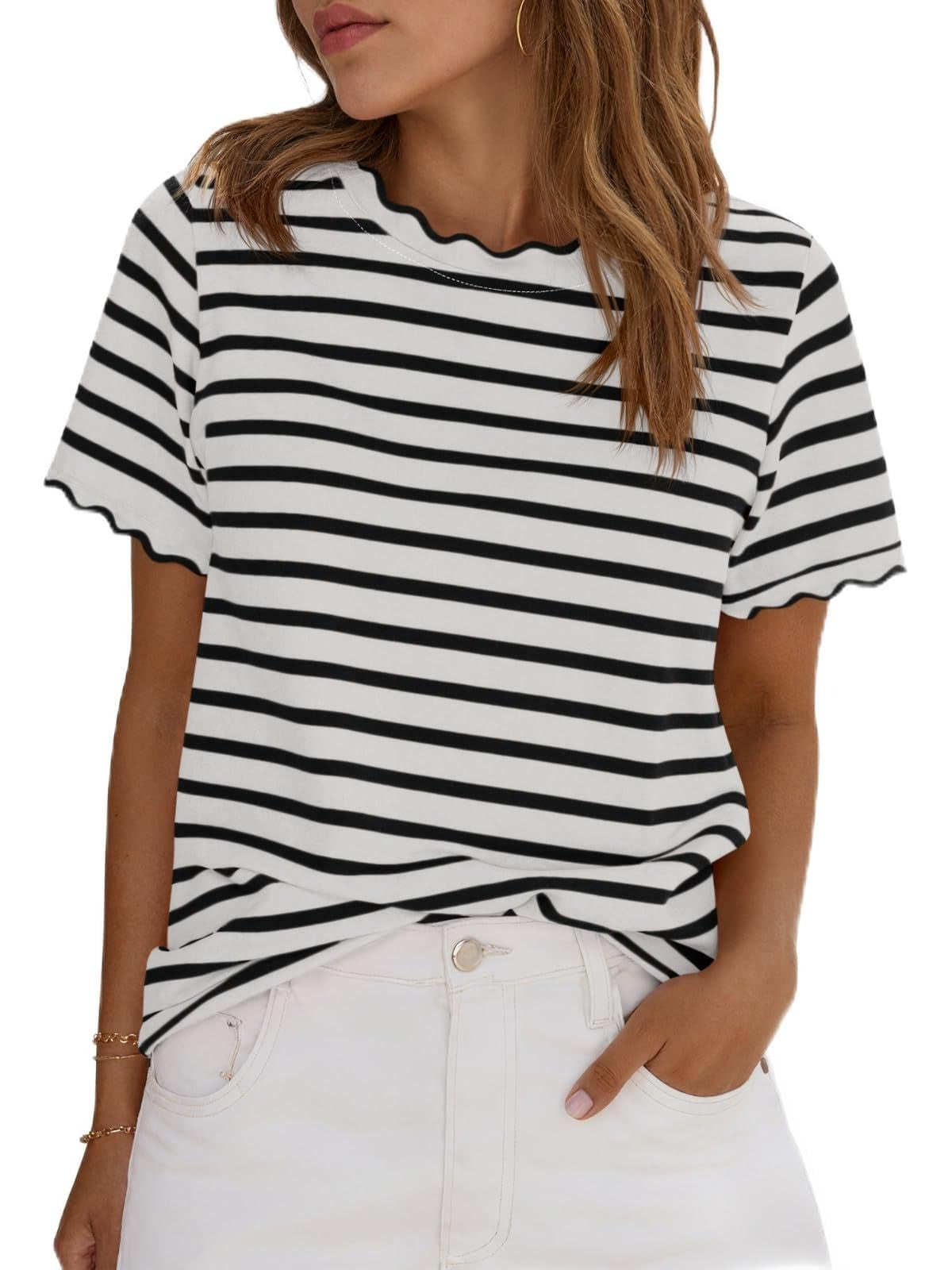 Women's Scalloped Crew Neck Striped T-Shirt