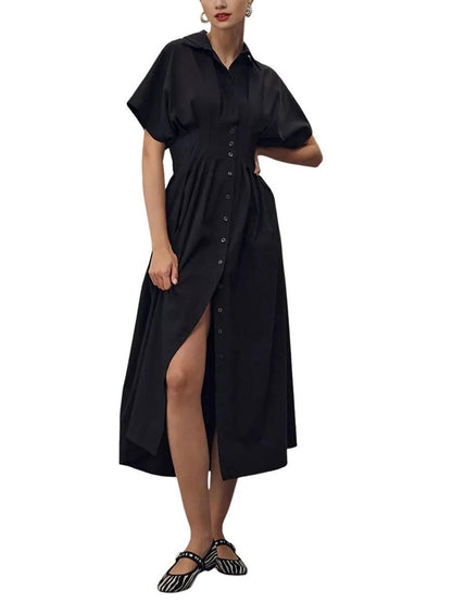 Women's Button Down Pleated Waist Shirt Dress