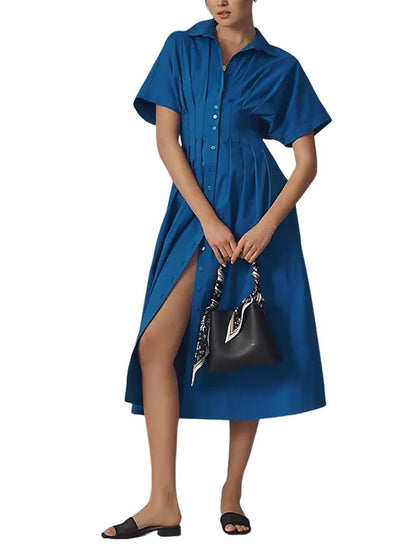 Women's Button Down Pleated Waist Shirt Dress