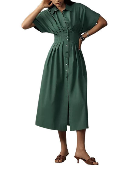 Women's Button Down Pleated Waist Shirt Dress