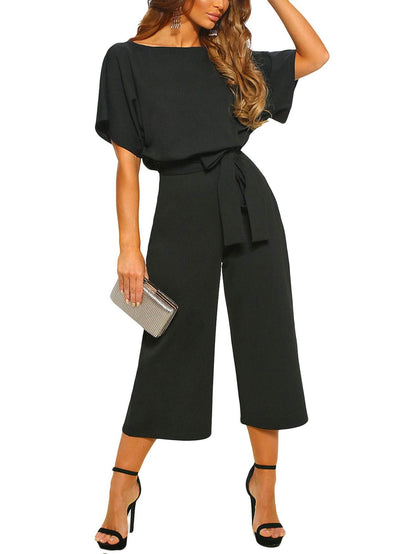 Women's Boat Neck Batwing Sleeve Tie Waist Jumpsuit