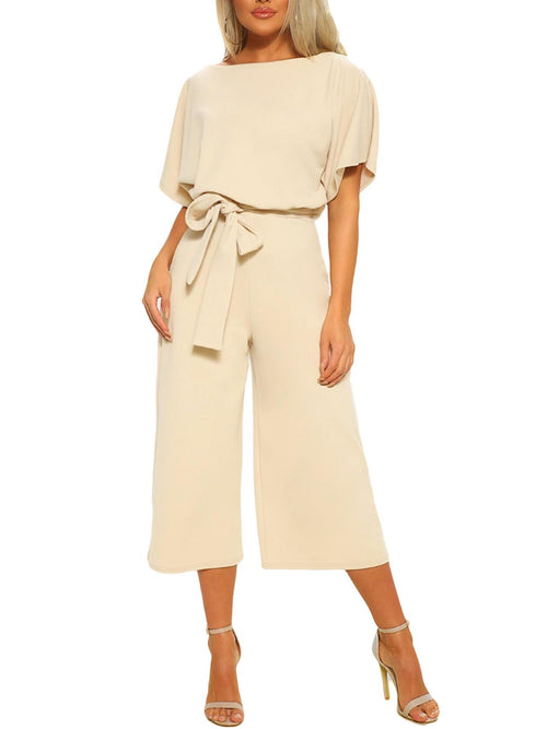 Women's Boat Neck Batwing Sleeve Tie Waist Jumpsuit