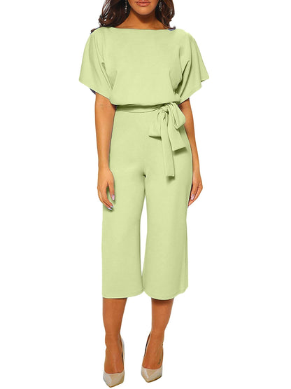 Women's Boat Neck Batwing Sleeve Tie Waist Jumpsuit