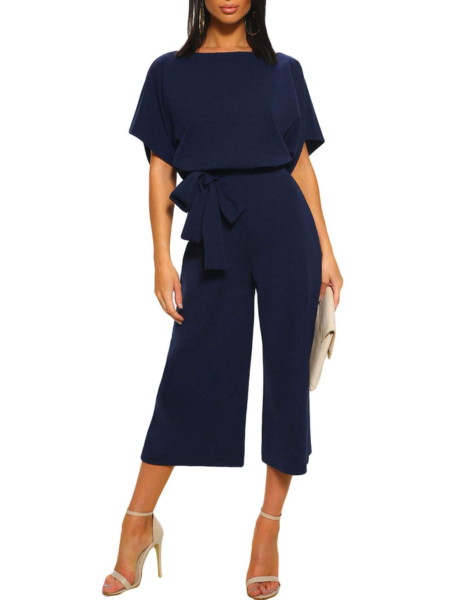 Women's Boat Neck Batwing Sleeve Tie Waist Jumpsuit