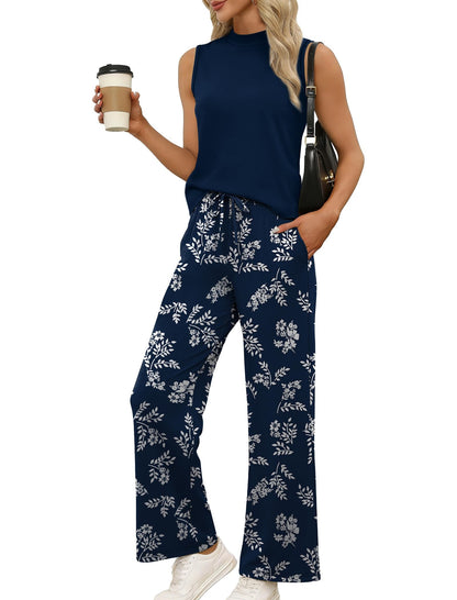 Women's Mock Neck Tank & Printed Wide Leg Pants Set