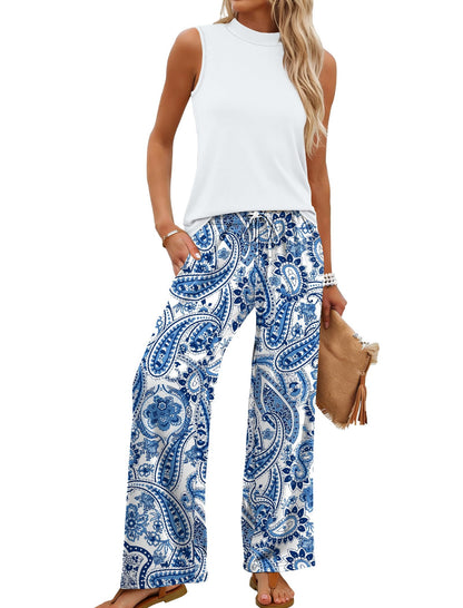 Women's Mock Neck Tank & Printed Wide Leg Pants Set