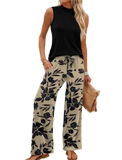 Women's Mock Neck Tank & Printed Wide Leg Pants Set