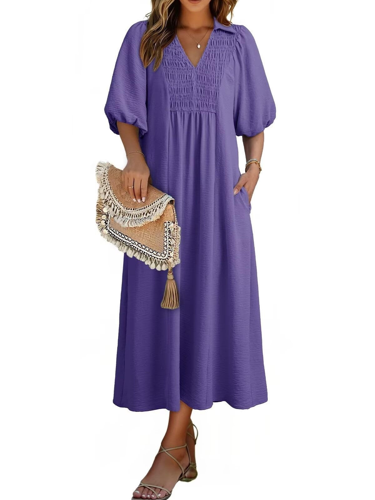 Women's V-Neck Puff Sleeve Maxi Dress