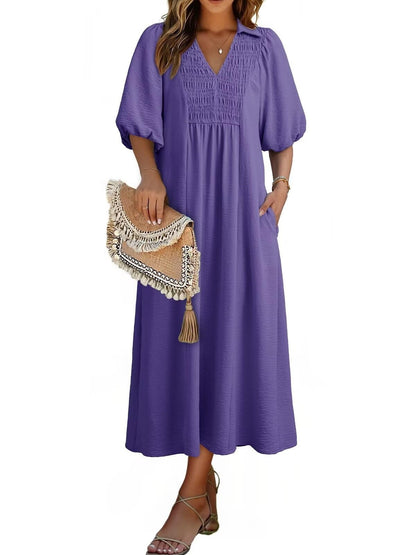 Women's V-Neck Puff Sleeve Maxi Dress