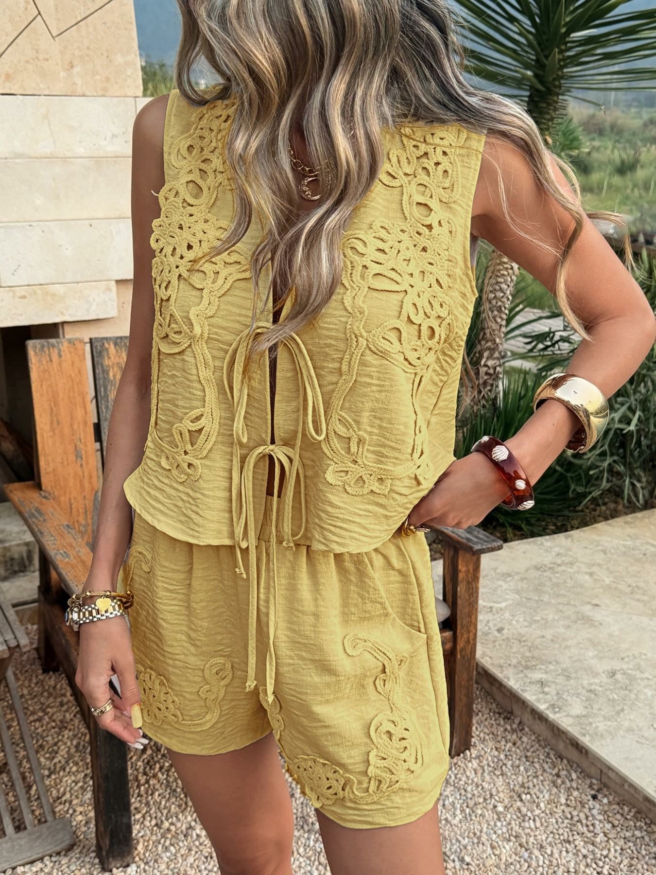 Women's V-Neck Lace Trim Sleeveless Top and Shorts