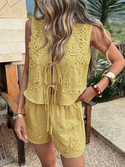Women's V-Neck Lace Trim Sleeveless Top and Shorts