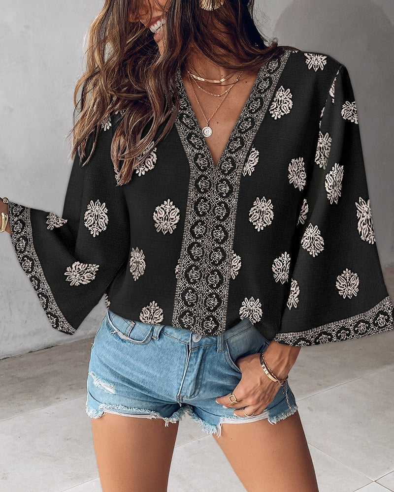 Bohemian Print V-Neck 3/4 Bell Sleeve Top