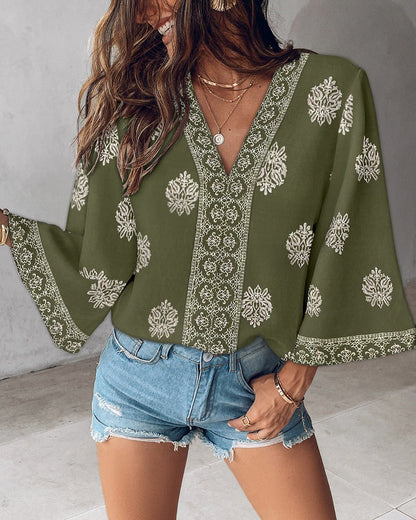 Bohemian Print V-Neck 3/4 Bell Sleeve Top
