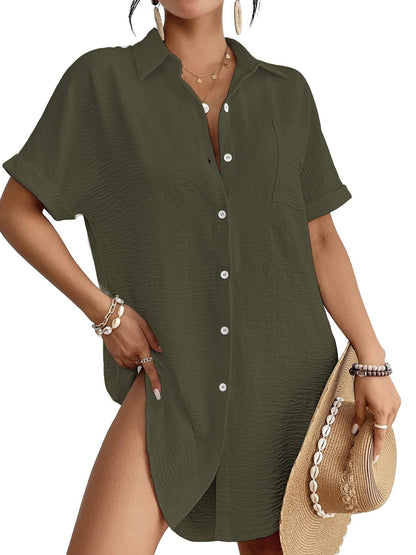 Women's Button Down Beach Cover Up Shirt Dress