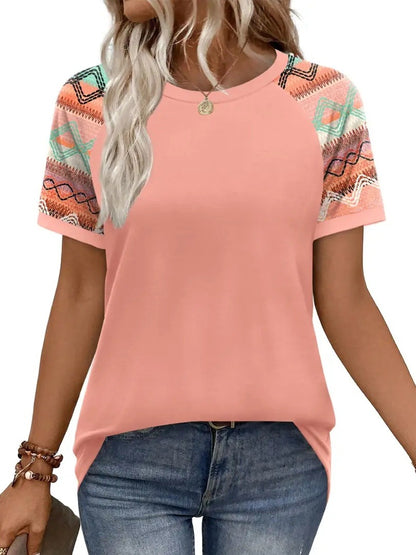 Women's Raglan Short Sleeve Color Block Print Crew Neck T-Shirt