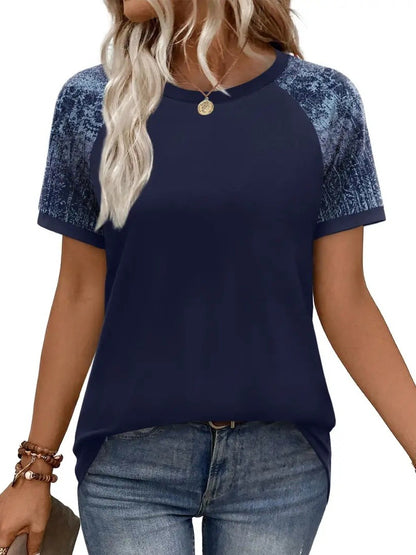 Women's Raglan Short Sleeve Color Block Print Crew Neck T-Shirt