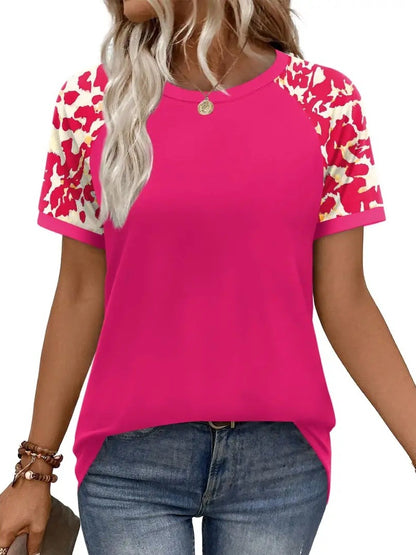 Women's Raglan Short Sleeve Color Block Print Crew Neck T-Shirt