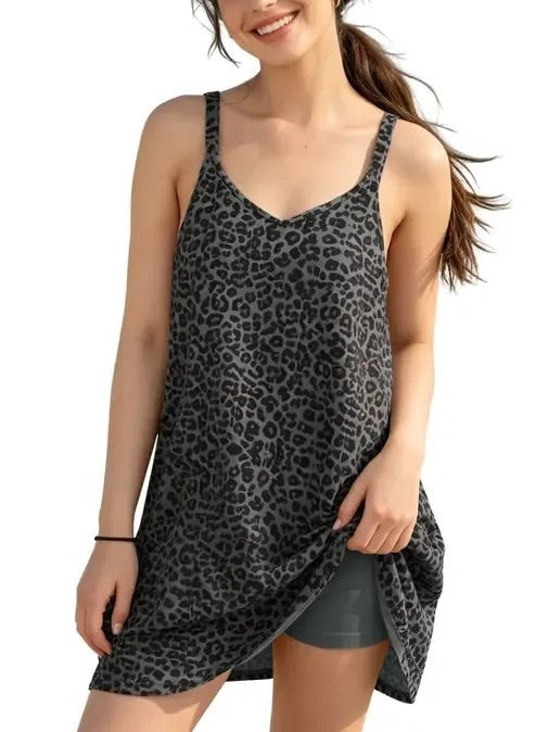 Women's 2 in 1 Leopard Sleeveless Athletic Dress with Pockets