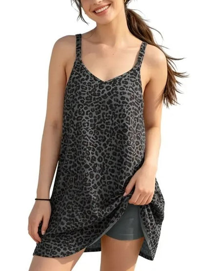 Women's 2 in 1 Leopard Sleeveless Athletic Dress with Pockets