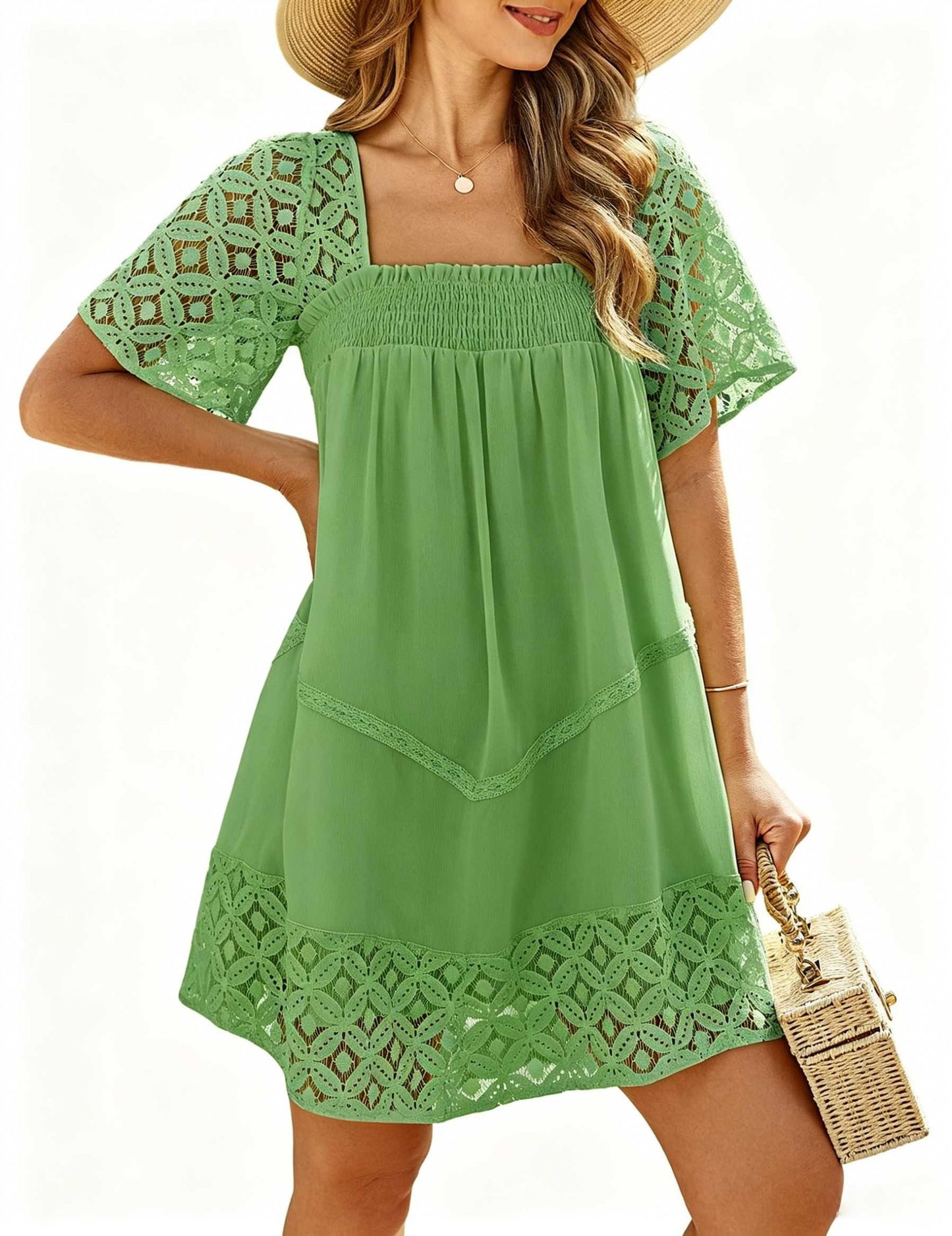 Women's Lace Crochet Sleeve Square Neck Tiered Dress