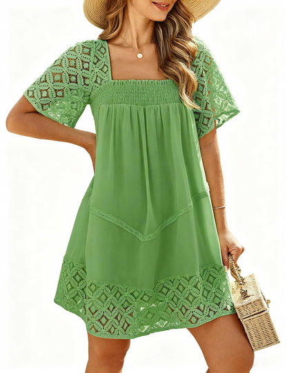 Women's Lace Crochet Sleeve Square Neck Tiered Dress