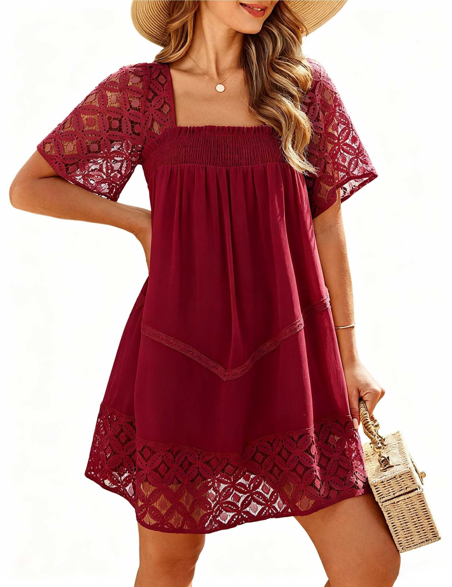 Women's Lace Crochet Sleeve Square Neck Tiered Dress