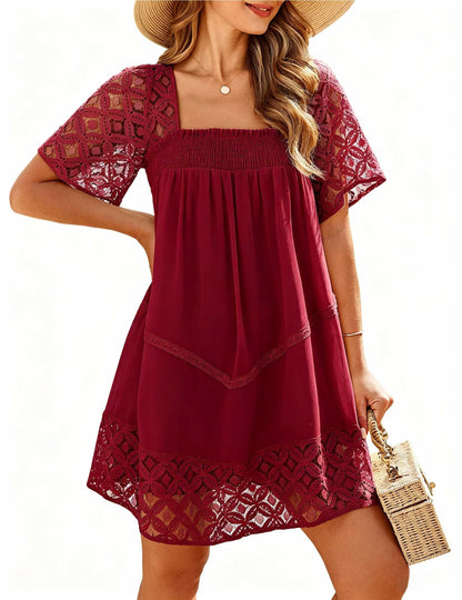 Women's Lace Crochet Sleeve Square Neck Tiered Dress