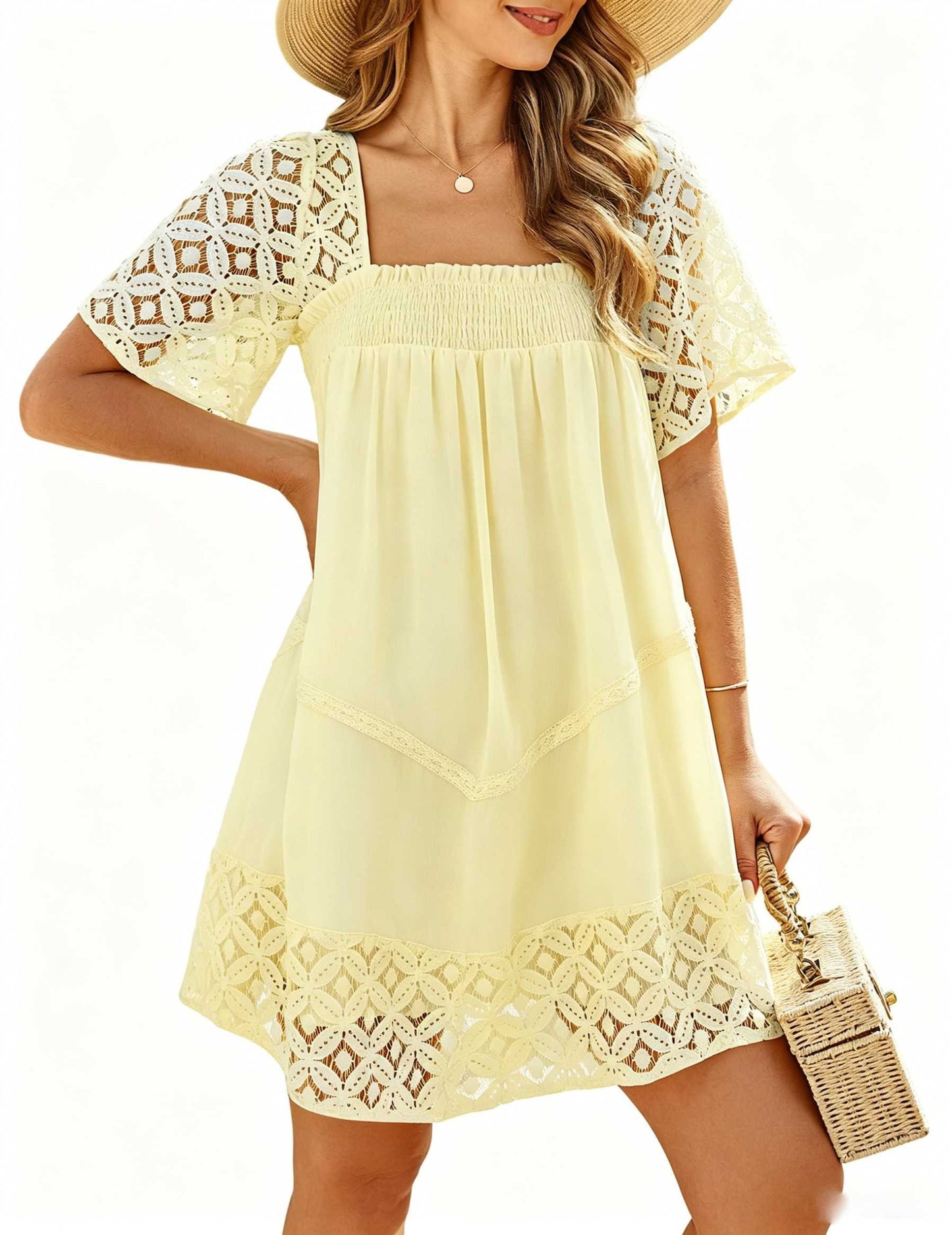 Women's Lace Crochet Sleeve Square Neck Tiered Dress